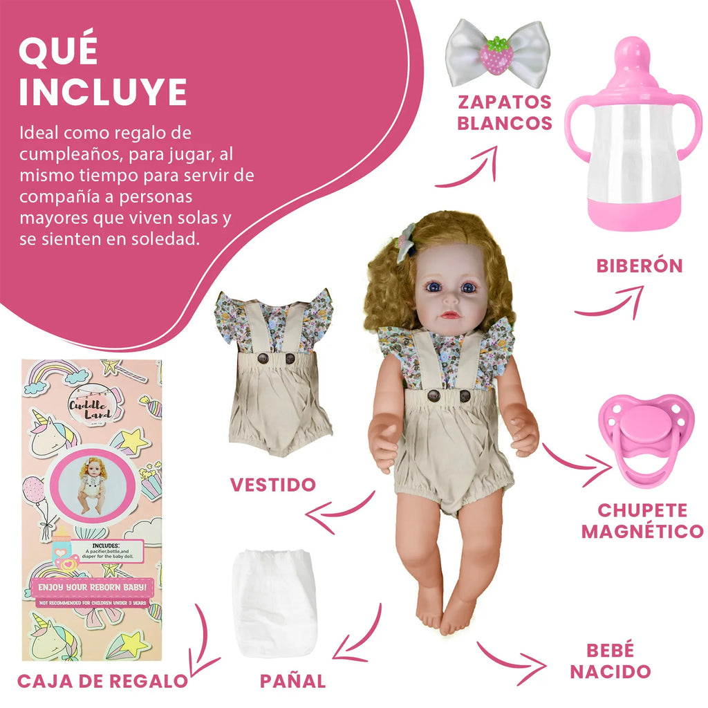 Cuddle Land® Muñeco Bebé tipo Reborn de 55cm con Ropa, Pañal, Biberon y Chupete – Juguete Tierno para Niñas y Niños a Partir de 3 Años – Extremidades Móviles y Tacto Suave para Abrazar y Jugar