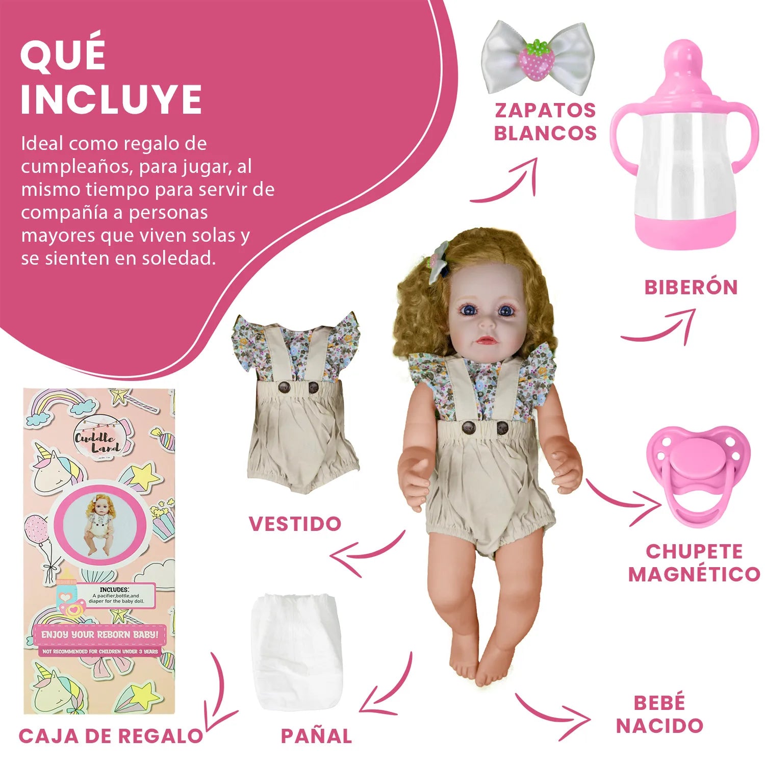 Cuddle Land® Muñeco Bebé tipo Reborn de 55cm con Ropa, Pañal, Biberon y Chupete – Juguete Tierno para Niñas y Niños a Partir de 3 Años – Extremidades Móviles y Tacto Suave para Abrazar y Jugar