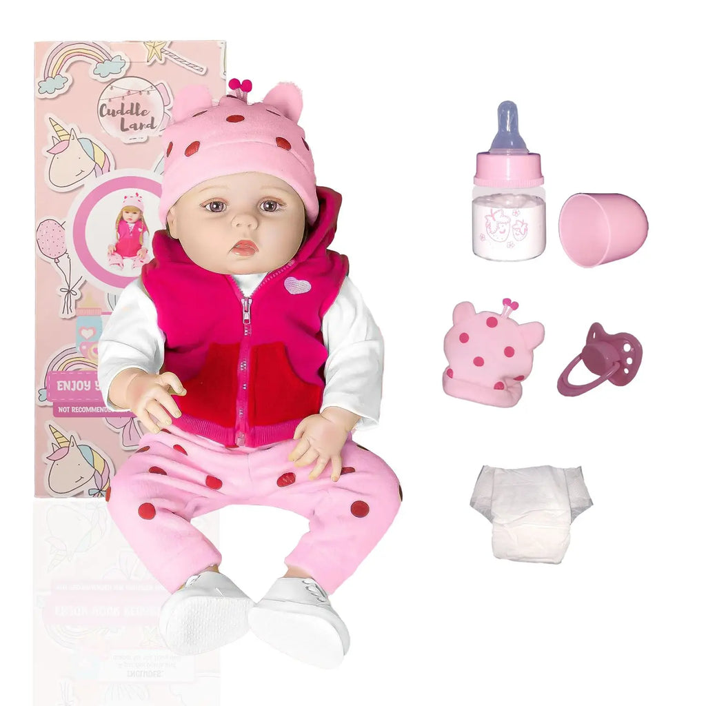 Cuddle Land® Muñeco Bebé tipo Reborn de 55cm con Ropa, Pañal, Biberon y Chupete – Juguete Tierno para Niñas y Niños a Partir de 3 Años – Extremidades Móviles y Tacto Suave para Abrazar y Jugar