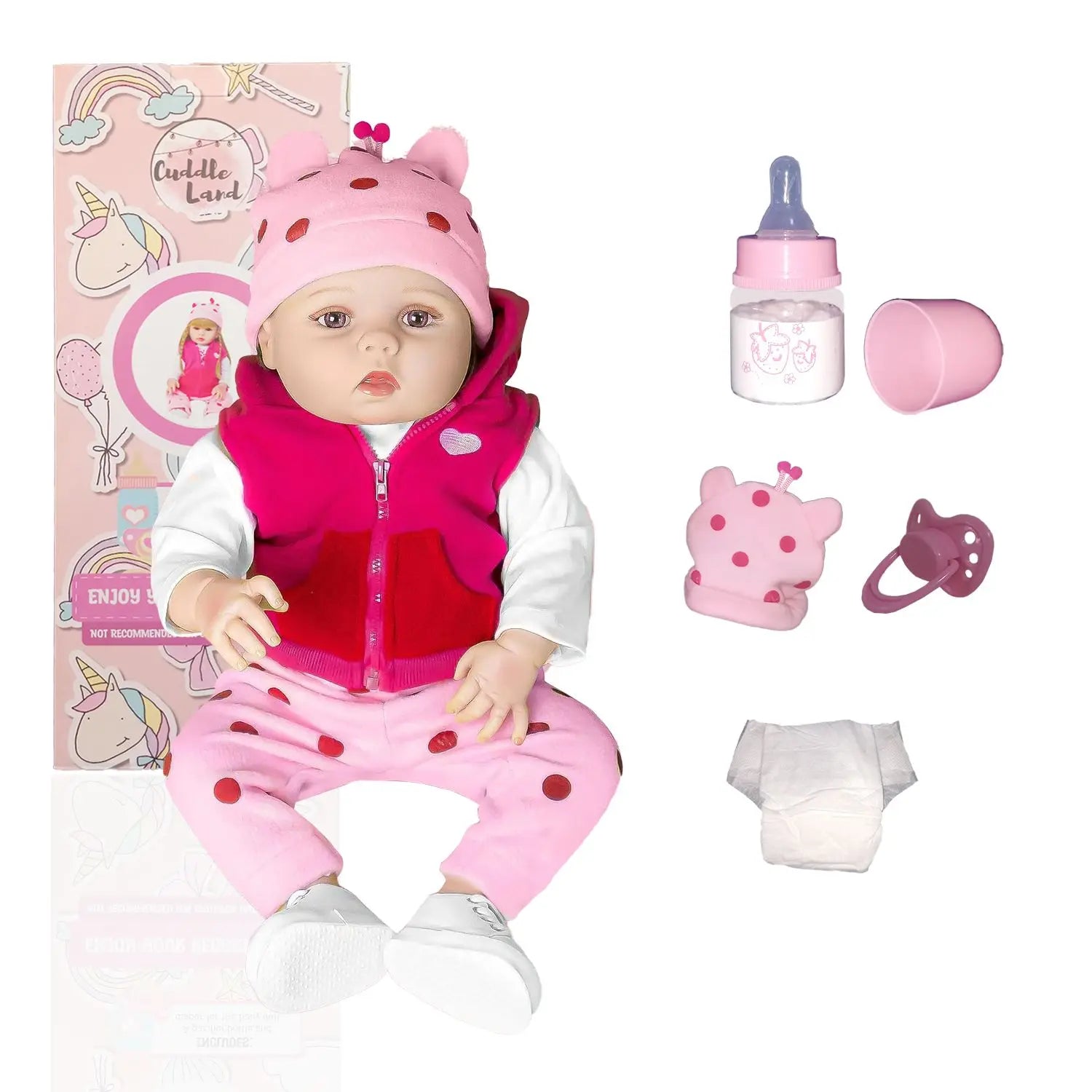 Cuddle Land® Muñeco Bebé tipo Reborn de 55cm con Ropa, Pañal, Biberon y Chupete – Juguete Tierno para Niñas y Niños a Partir de 3 Años – Extremidades Móviles y Tacto Suave para Abrazar y Jugar