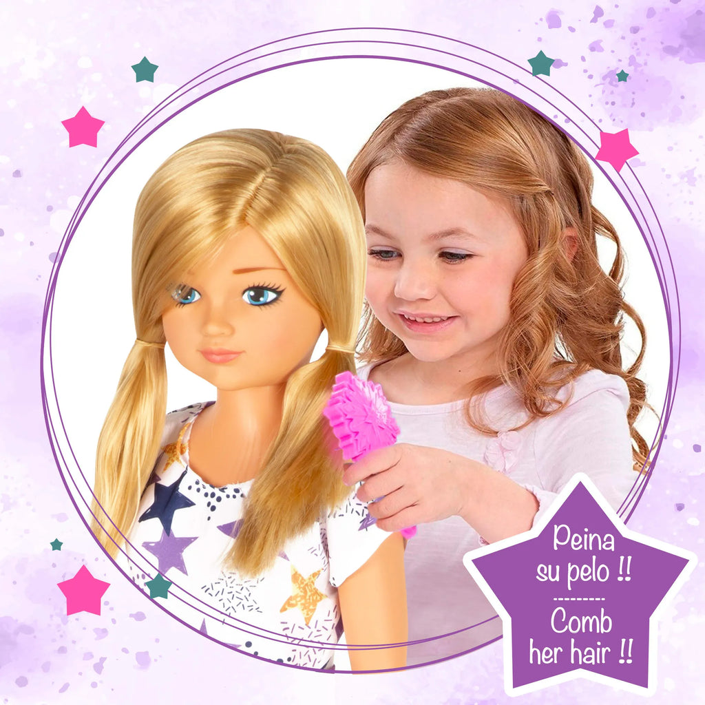 COLORBABY Muñeca María grande 85 cm, pelo rubio y largo, para peinar, piernas y brazos articulados, vestido de estrellas, ropa con velcro, zapatos quita y pon, muñecas grandes articuladas, juguetes niños 3 años