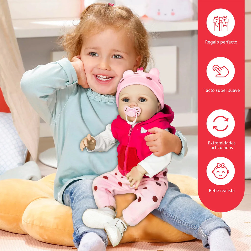 Cuddle Land® Muñeco Bebé tipo Reborn de 55cm con Ropa, Pañal, Biberon y Chupete – Juguete Tierno para Niñas y Niños a Partir de 3 Años – Extremidades Móviles y Tacto Suave para Abrazar y Jugar