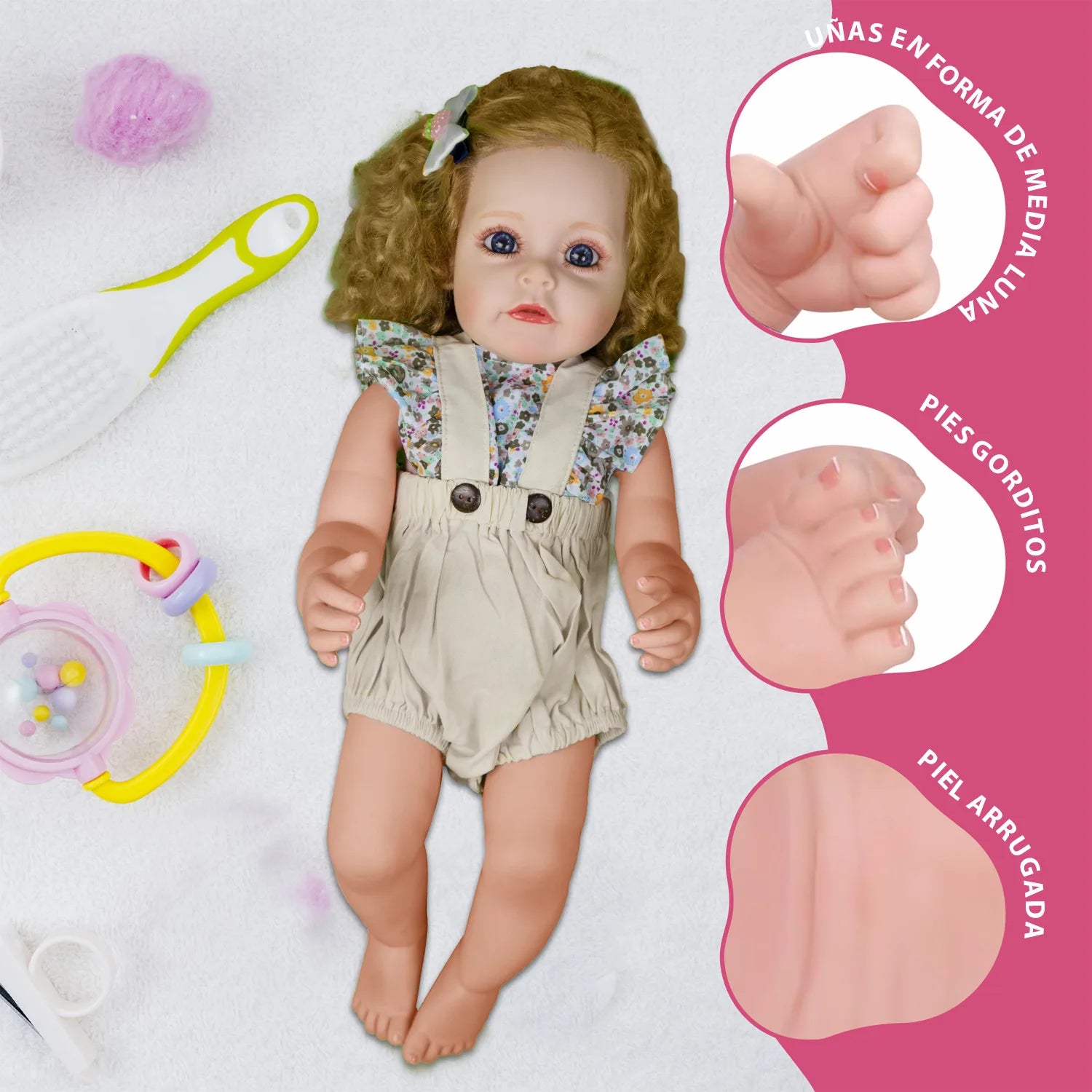 Cuddle Land® Muñeco Bebé tipo Reborn de 55cm con Ropa, Pañal, Biberon y Chupete – Juguete Tierno para Niñas y Niños a Partir de 3 Años – Extremidades Móviles y Tacto Suave para Abrazar y Jugar