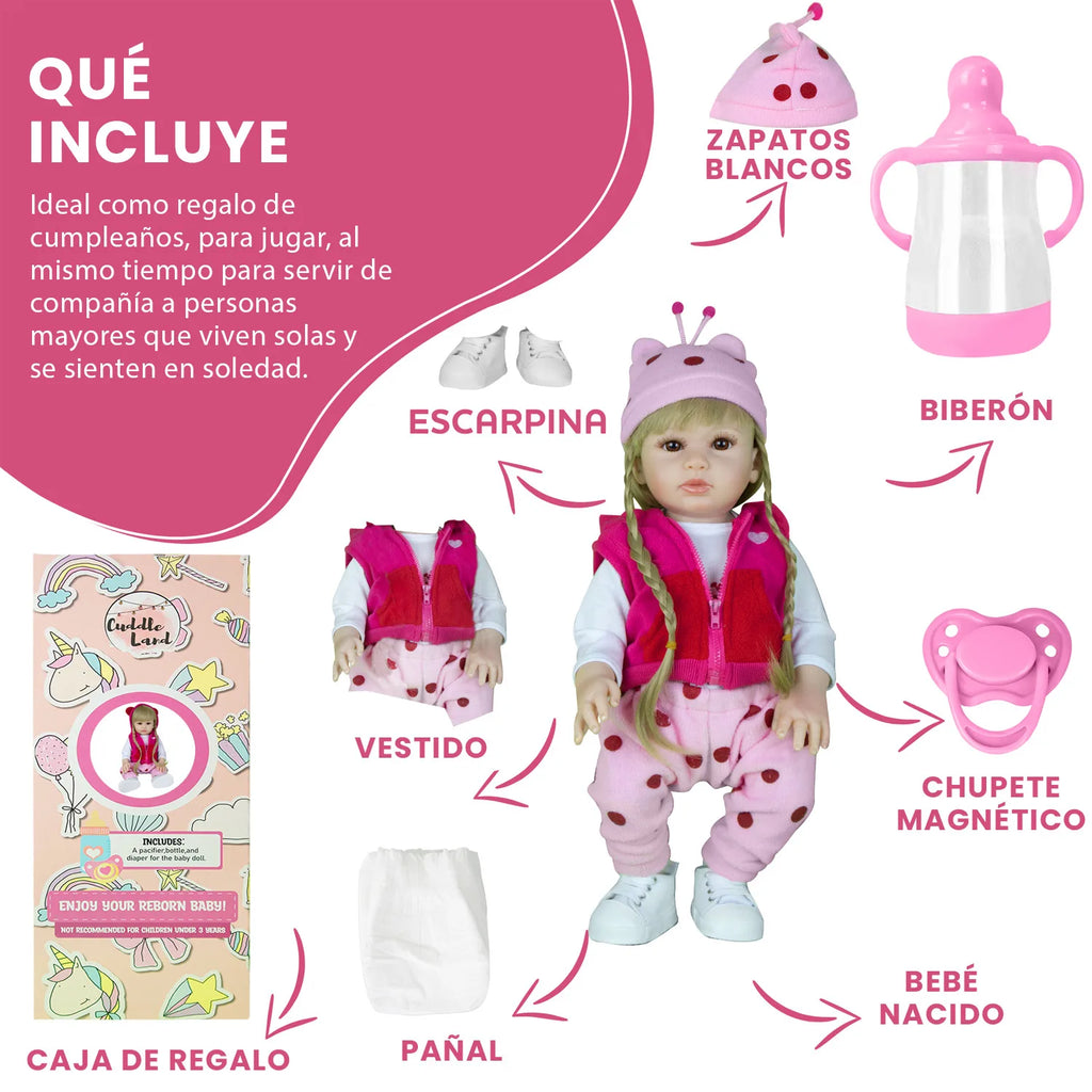 Cuddle Land® Muñeco Bebé tipo Reborn de 47cm con Ropa, Pañal, Biberon y Chupete – Juguete Tierno para Niñas y Niños a Partir de 3 Años – Extremidades Móviles y Tacto Suave para Abrazar y Jugar