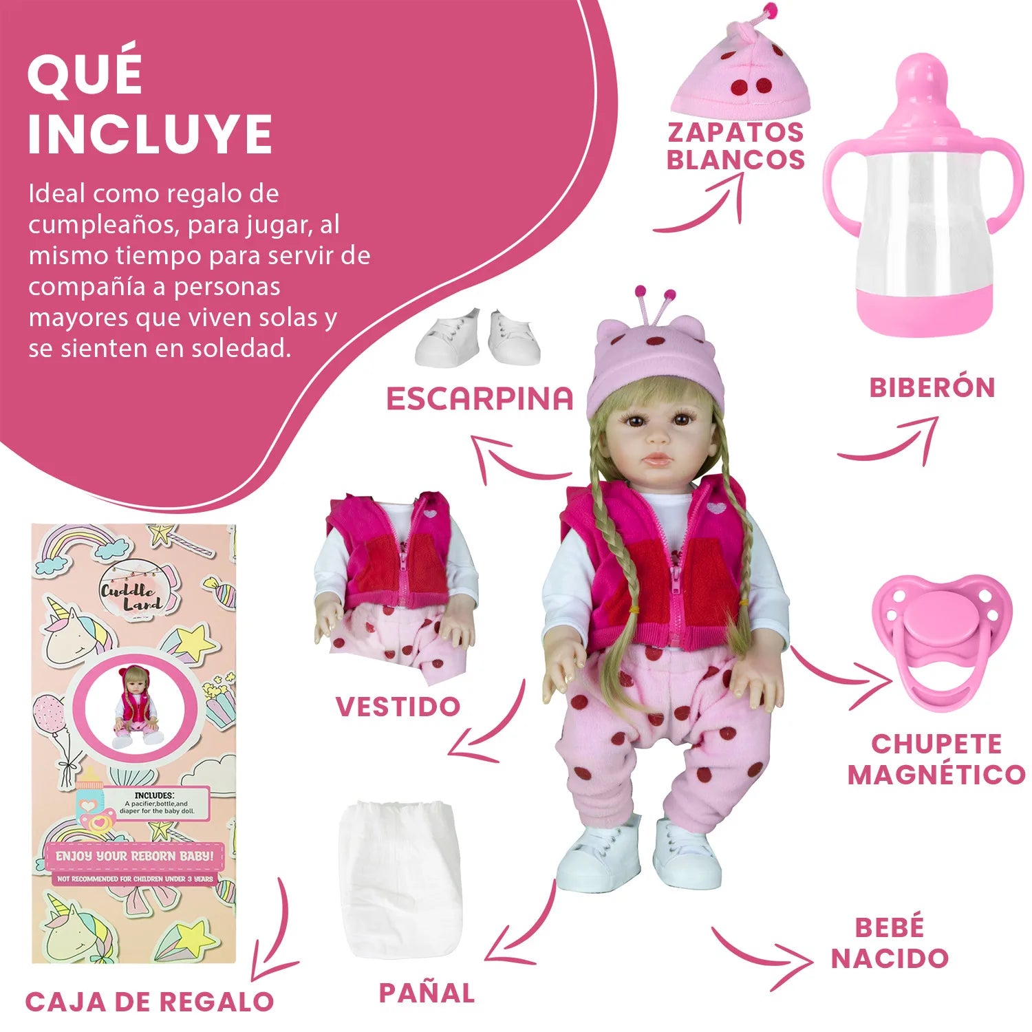Cuddle Land® Muñeco Bebé tipo Reborn de 47cm con Ropa, Pañal, Biberon y Chupete – Juguete Tierno para Niñas y Niños a Partir de 3 Años – Extremidades Móviles y Tacto Suave para Abrazar y Jugar