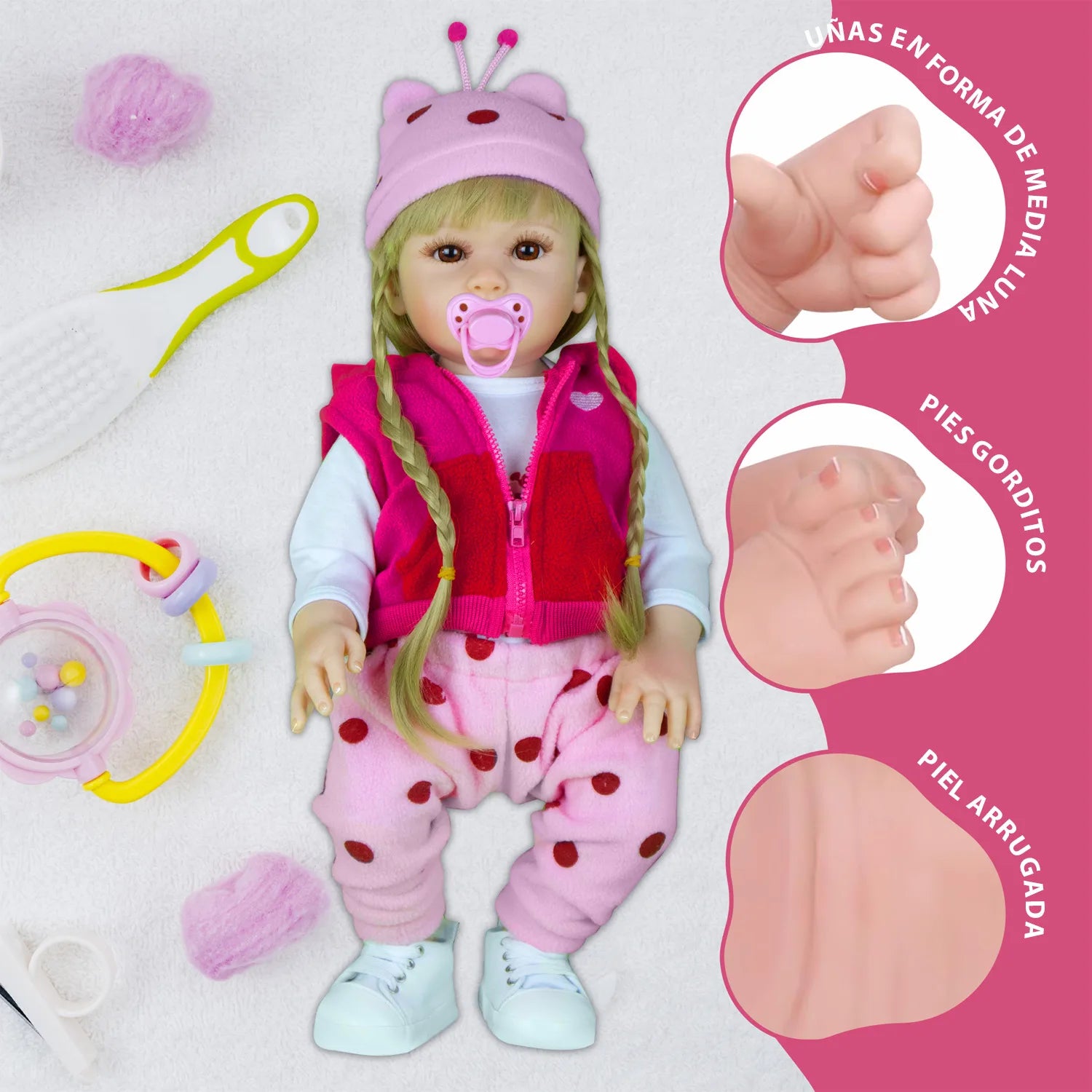 Cuddle Land® Muñeco Bebé tipo Reborn de 47cm con Ropa, Pañal, Biberon y Chupete – Juguete Tierno para Niñas y Niños a Partir de 3 Años – Extremidades Móviles y Tacto Suave para Abrazar y Jugar