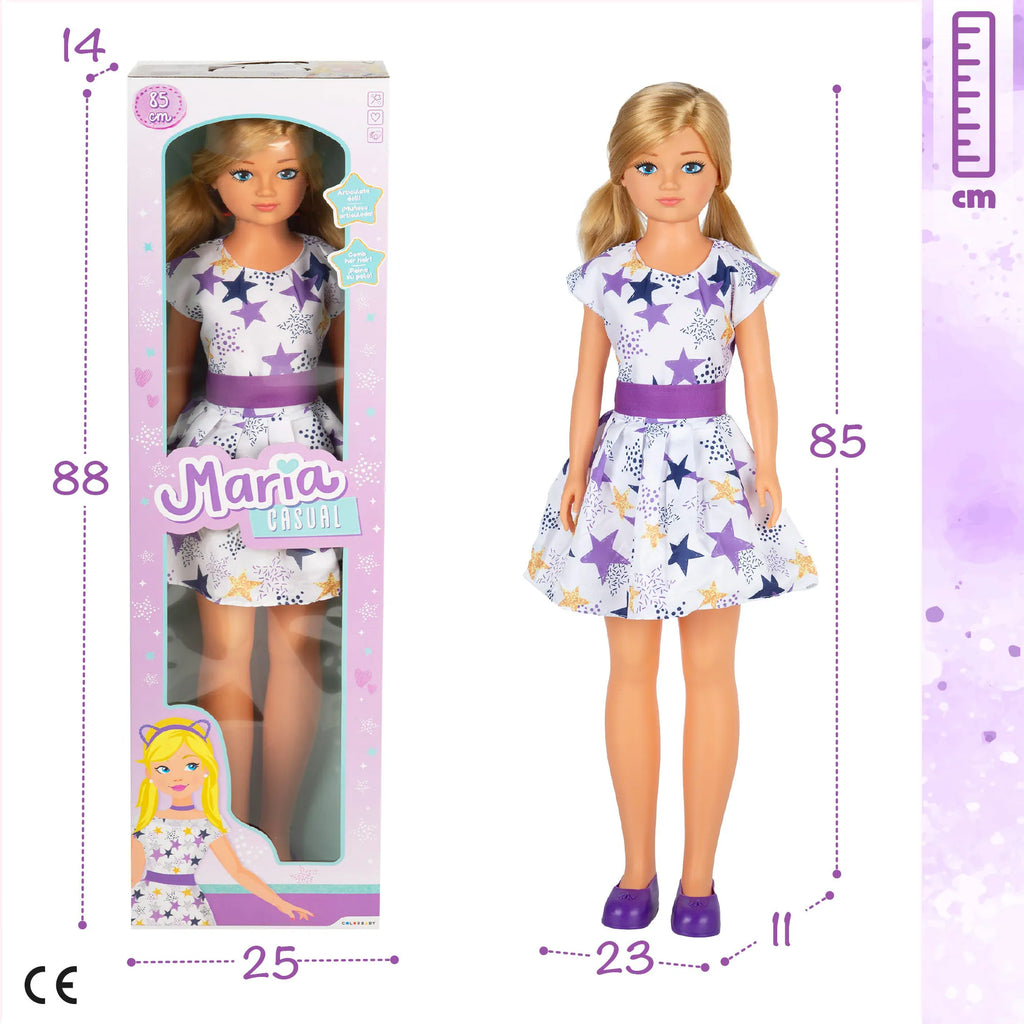 COLORBABY Muñeca María grande 85 cm, pelo rubio y largo, para peinar, piernas y brazos articulados, vestido de estrellas, ropa con velcro, zapatos quita y pon, muñecas grandes articuladas, juguetes niños 3 años