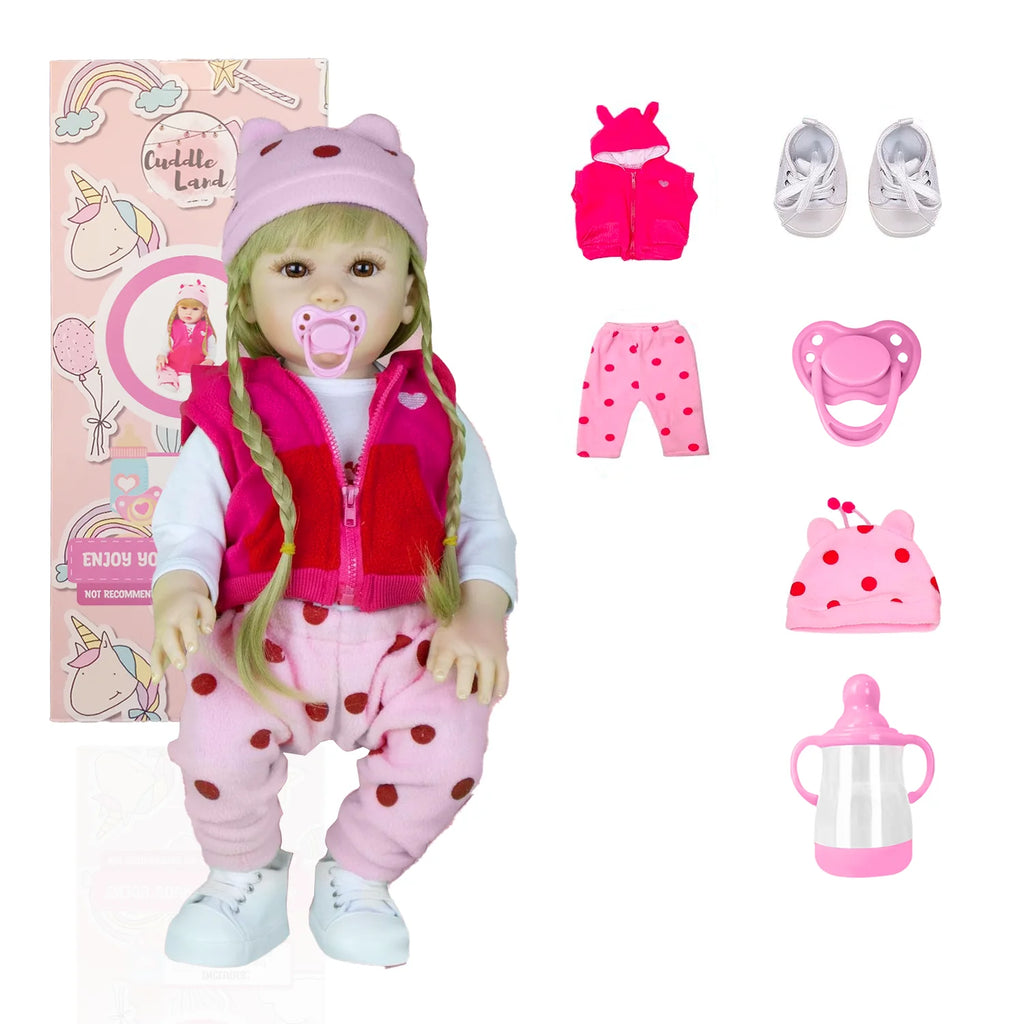 Cuddle Land® Muñeco Bebé tipo Reborn de 47cm con Ropa, Pañal, Biberon y Chupete – Juguete Tierno para Niñas y Niños a Partir de 3 Años – Extremidades Móviles y Tacto Suave para Abrazar y Jugar