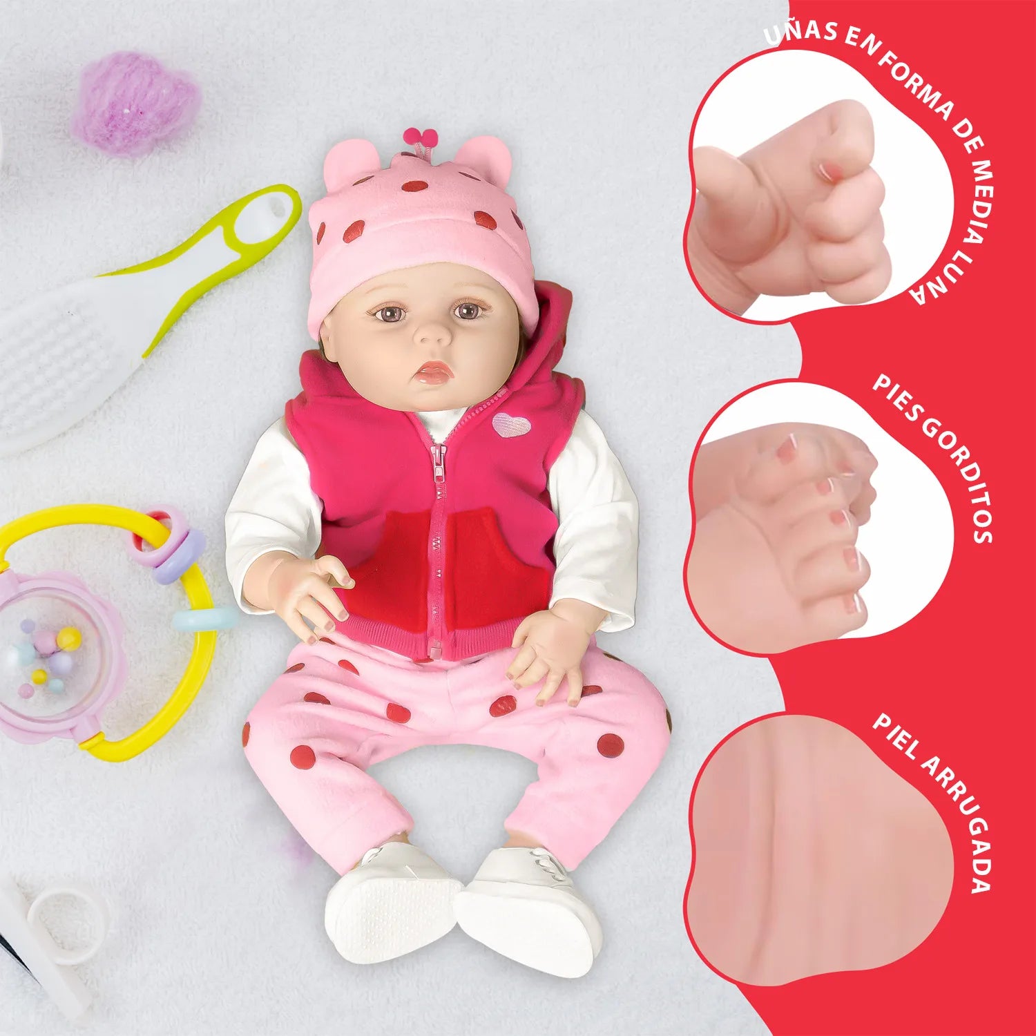 Cuddle Land® Muñeco Bebé tipo Reborn de 55cm con Ropa, Pañal, Biberon y Chupete – Juguete Tierno para Niñas y Niños a Partir de 3 Años – Extremidades Móviles y Tacto Suave para Abrazar y Jugar