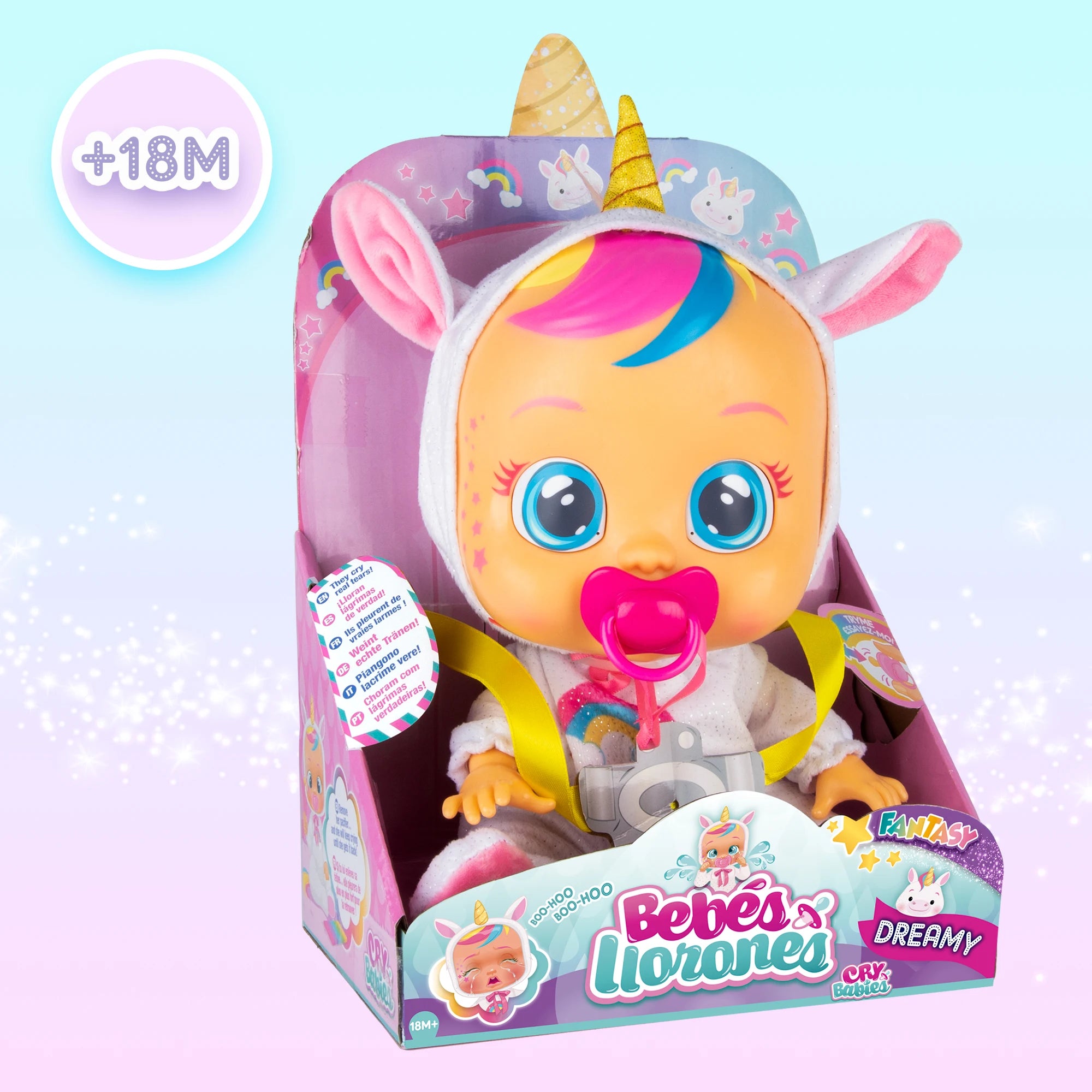 BEBÉS LLORONES Fantasy Dreamy Unicornio Muñeca interactiva que llora de verdad con Chupete y Pijama - Juguete y Regalo para niñas y niños +18 Meses
