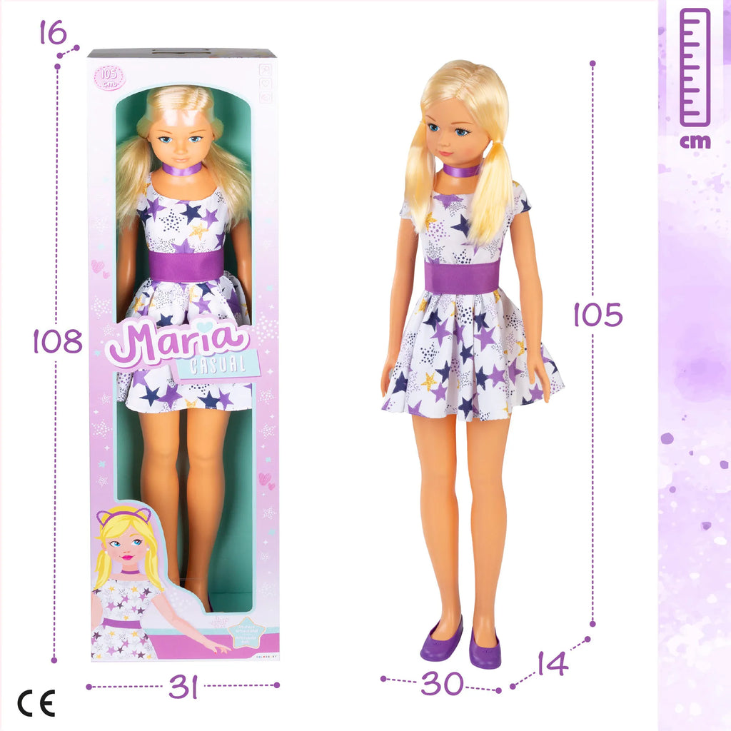 COLORBABY TOYS -  Muñeca grande de 1 metro María, cabeza, brazos y piernas articulados, mide 105 cm, peina su pelo y juega a vestirla, muñecas de juguete, juguetes infantiles, juego simbólico, juegos para niños de 3 año