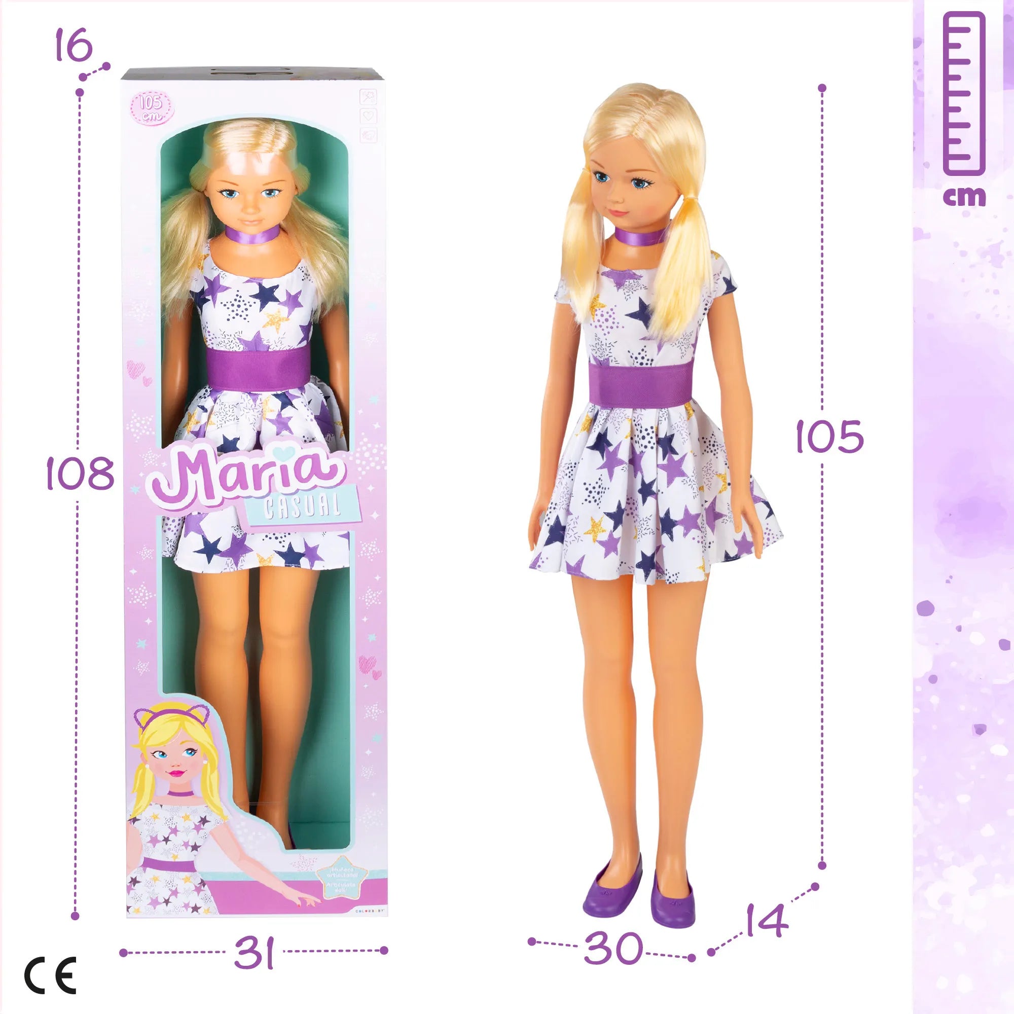 COLORBABY TOYS -  Muñeca grande de 1 metro María, cabeza, brazos y piernas articulados, mide 105 cm, peina su pelo y juega a vestirla, muñecas de juguete, juguetes infantiles, juego simbólico, juegos para niños de 3 año