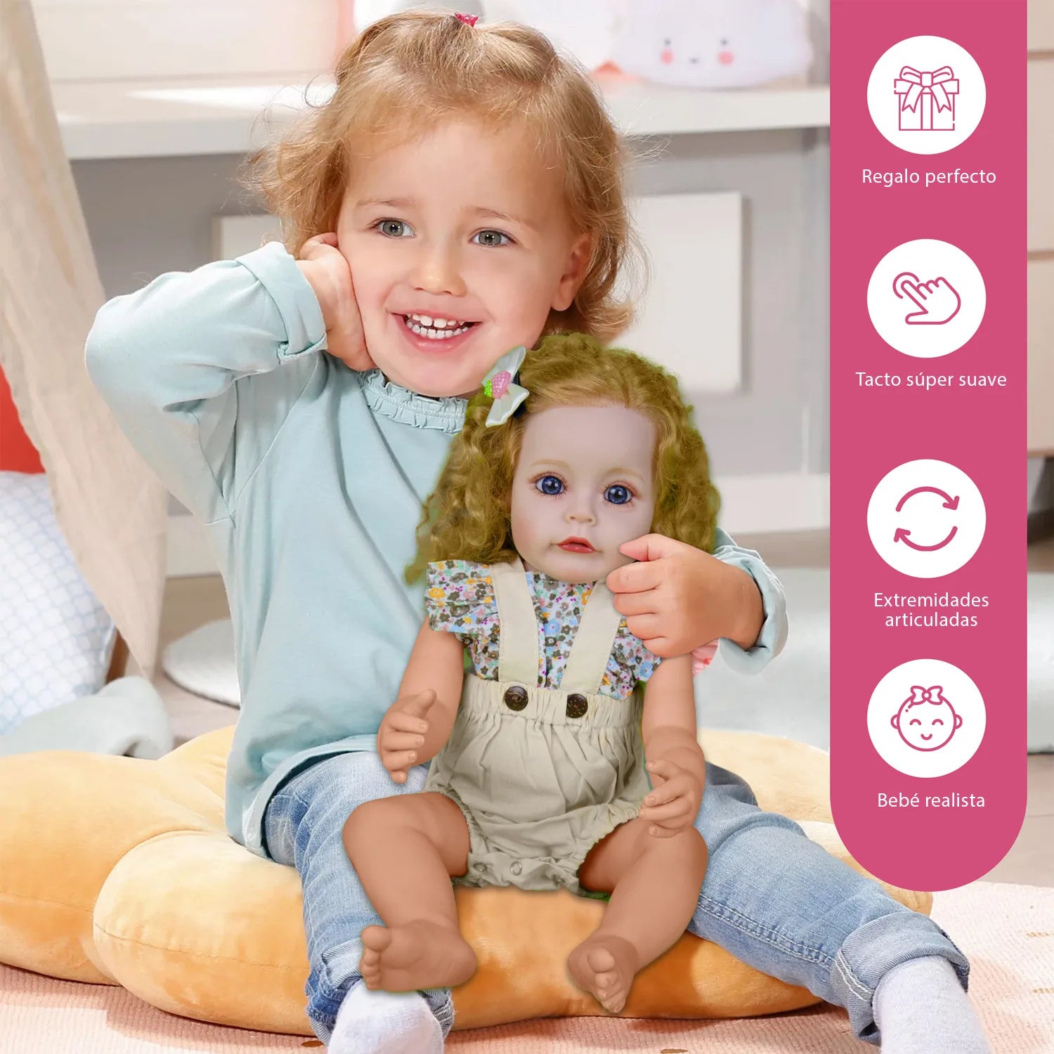 Cuddle Land® Muñeco Bebé tipo Reborn de 55cm con Ropa, Pañal, Biberon y Chupete – Juguete Tierno para Niñas y Niños a Partir de 3 Años – Extremidades Móviles y Tacto Suave para Abrazar y Jugar