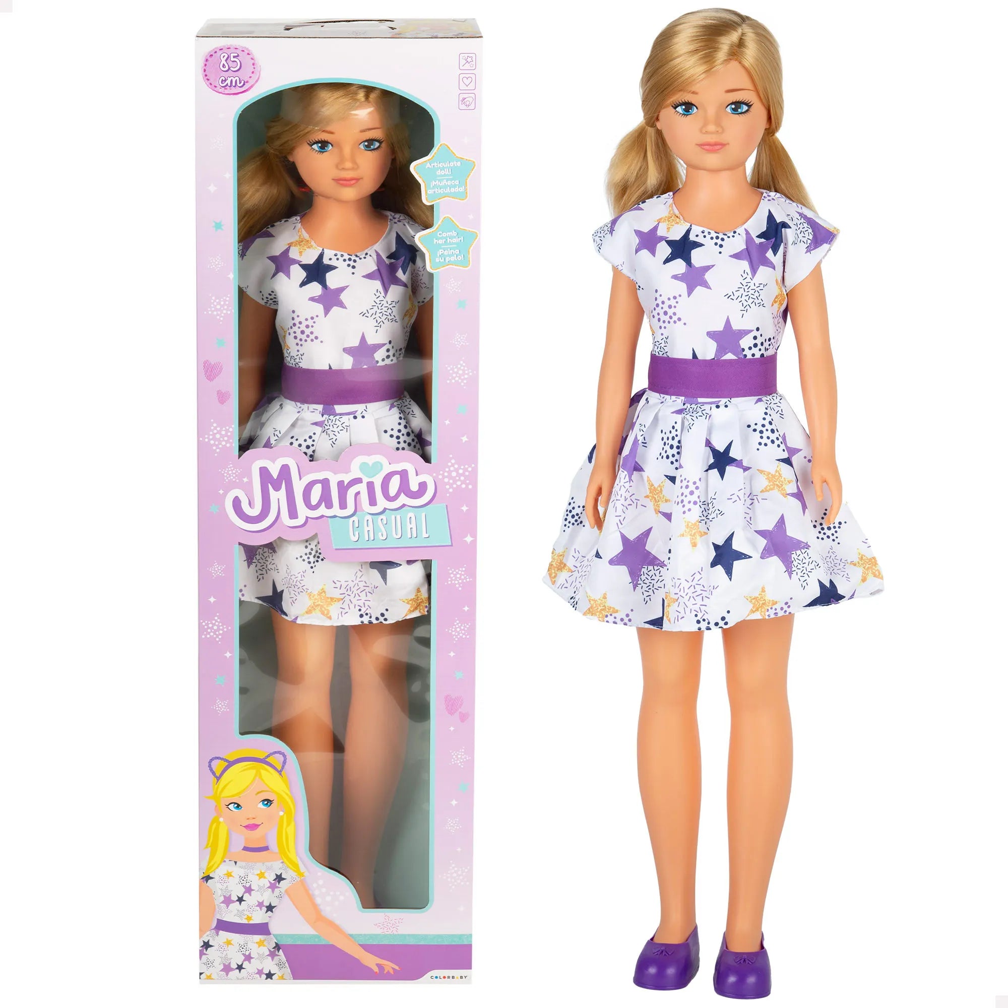 COLORBABY Muñeca María grande 85 cm, pelo rubio y largo, para peinar, piernas y brazos articulados, vestido de estrellas, ropa con velcro, zapatos quita y pon, muñecas grandes articuladas, juguetes niños 3 años