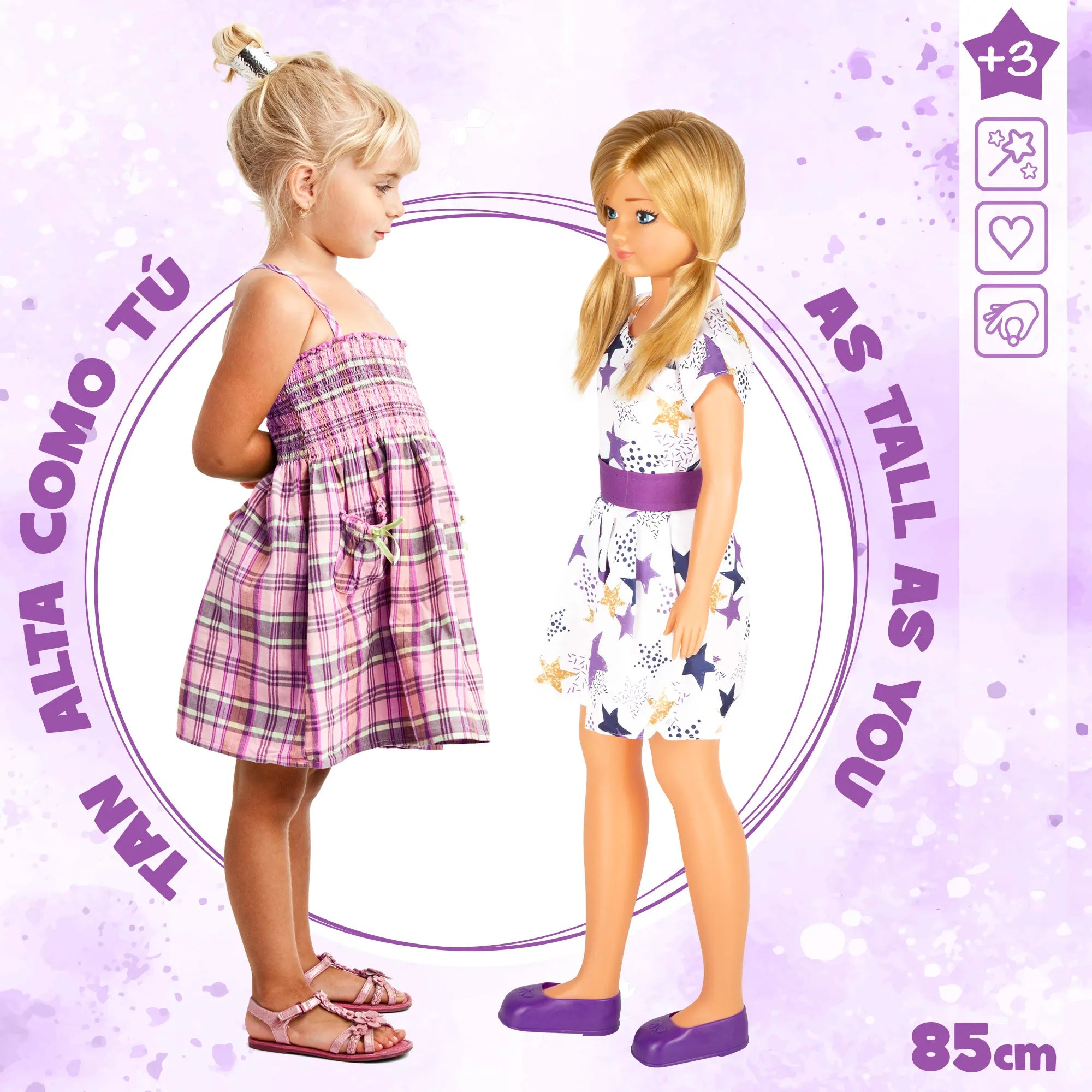 COLORBABY Muñeca María grande 85 cm, pelo rubio y largo, para peinar, piernas y brazos articulados, vestido de estrellas, ropa con velcro, zapatos quita y pon, muñecas grandes articuladas, juguetes niños 3 años