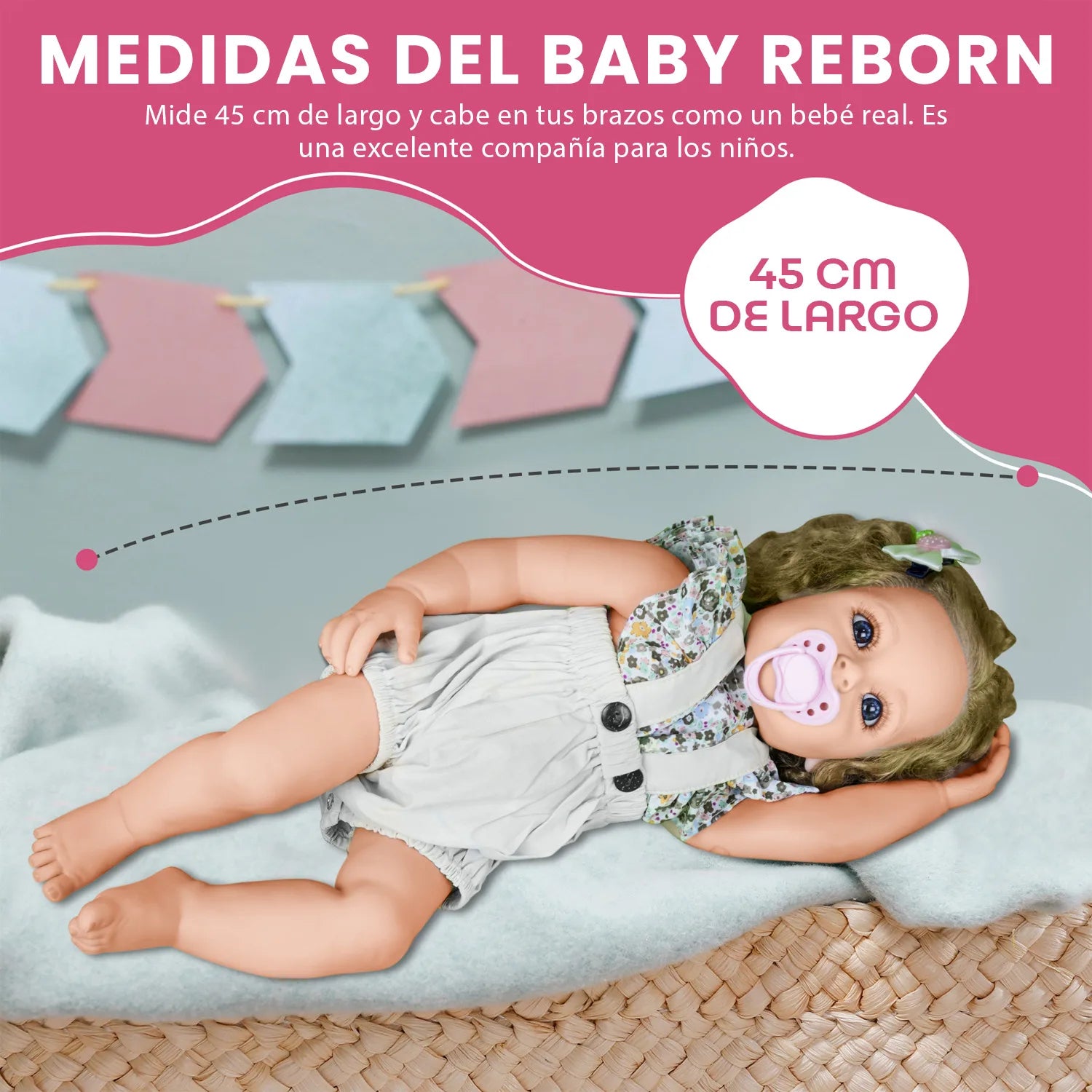 Cuddle Land® Muñeco Bebé tipo Reborn de 55cm con Ropa, Pañal, Biberon y Chupete – Juguete Tierno para Niñas y Niños a Partir de 3 Años – Extremidades Móviles y Tacto Suave para Abrazar y Jugar