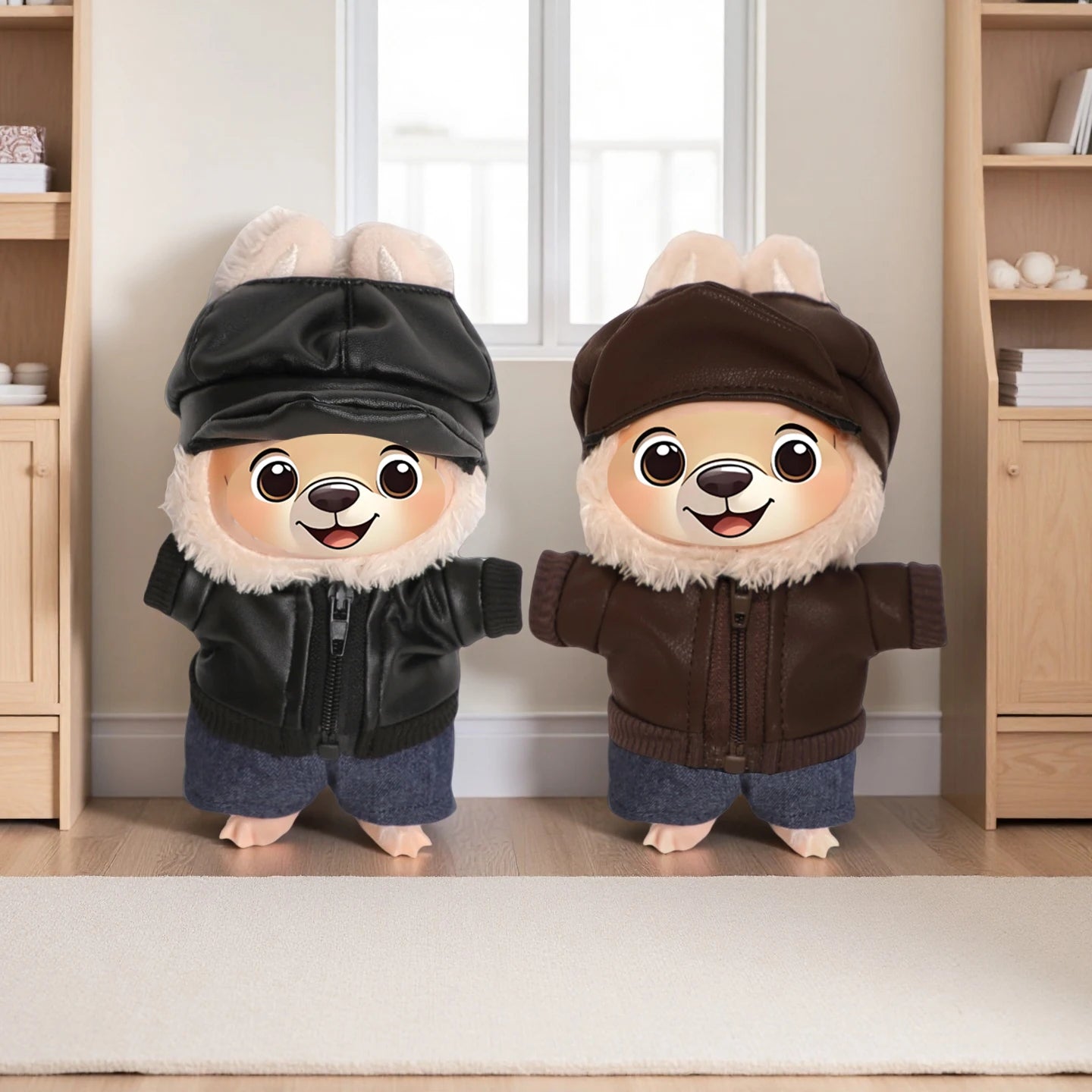 Para muñecas Labubu de 17cm, chaqueta de cuero negro + pantalones vaqueros + sombrero, traje, ropa Punk bonita para V1 V2 V3 Labubu, juguete de muñeca de algodón