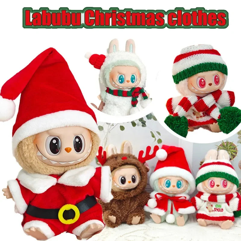 Ropa navideña para muñecas Labubu, conjunto de gorro y suéter para Mini Idol V1 V2 V3, traje de peluche cálido para vacaciones, regalo de Papá Noel para coleccionistas