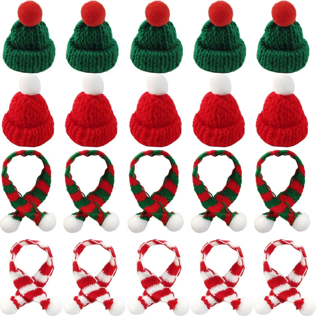 12/24 Uds Mini gorro de punto Mini bufanda de Navidad conjunto Mini sombreros de Papá Noel para manualidades Mini decoraciones navideñas adornos de árbol