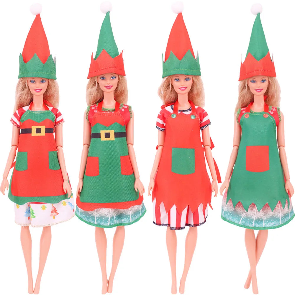 Delantal con estampado de muñeca Pop, sombrero de Chef, estilo de patrón navideño para muñecas Bjd 1/6 y accesorios para muñecas navideñas de espíritu de 30Cm, juguetes para niñas