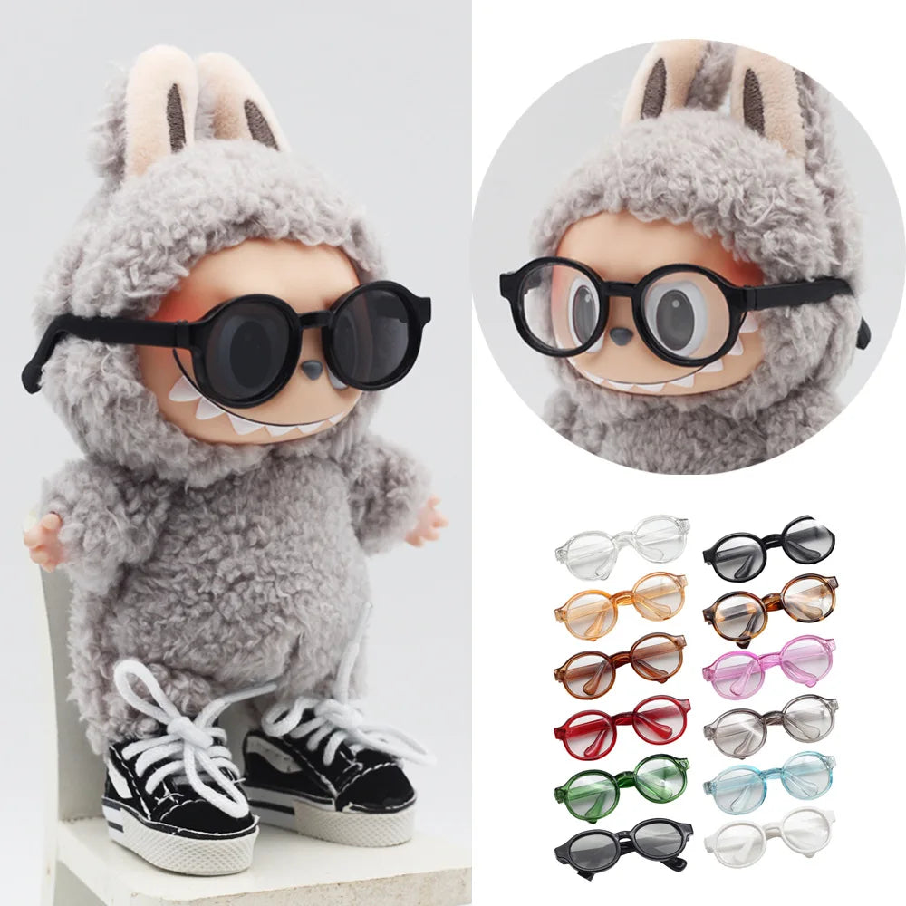 Gafas para muñecas Labubu de 17cm, gafas para muñecas de 6,5 cm de longitud, lentes transparentes, montura redonda, gafas, accesorios de ropa para muñecas