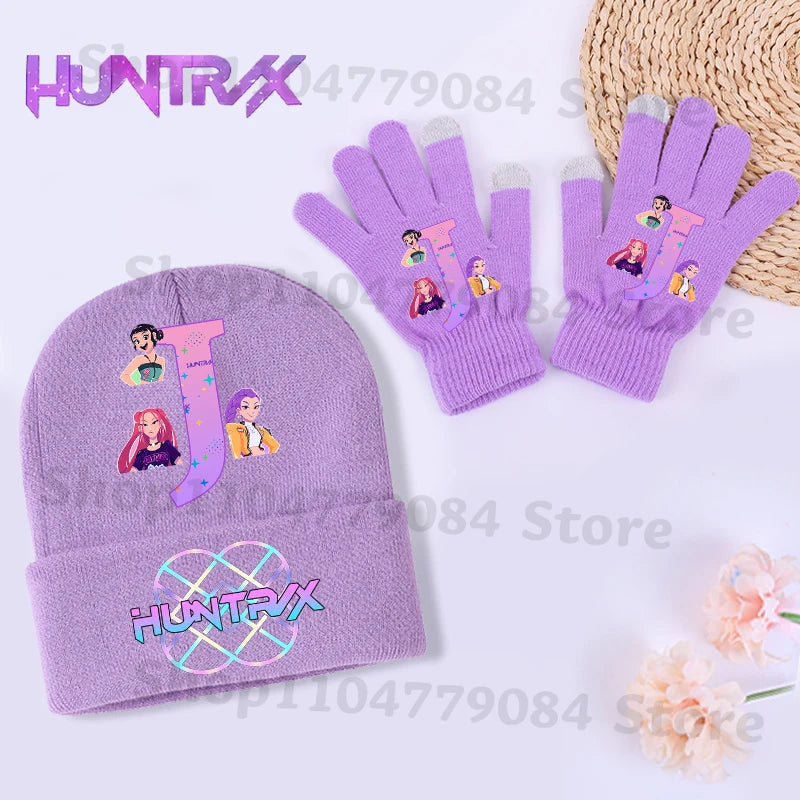 Guantes Kpop Demon Hunters, gorro tejido, traje para niñas, gorros tejidos con estampado de letras, conjunto de mitones, accesorios cálidos de invierno para niños, 2 uds.