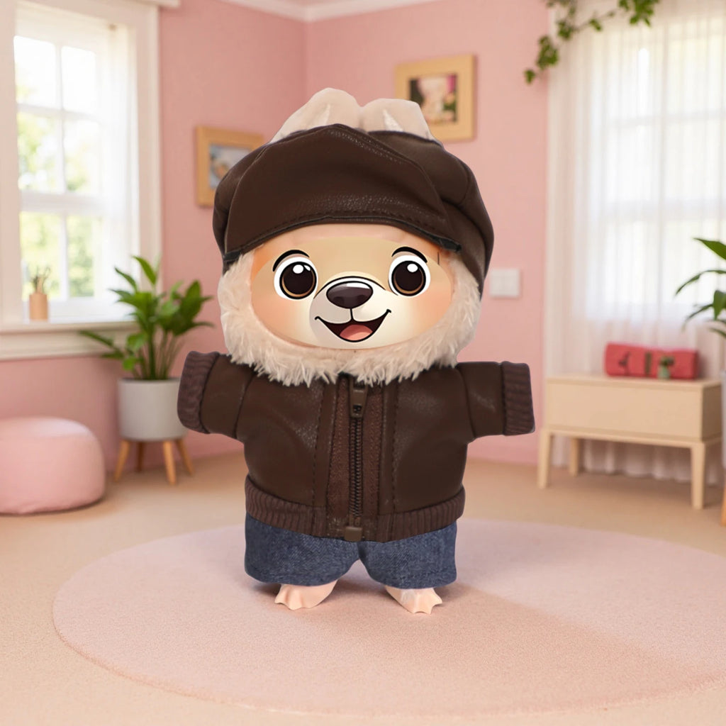 Para muñecas Labubu de 17cm, chaqueta de cuero negro + pantalones vaqueros + sombrero, traje, ropa Punk bonita para V1 V2 V3 Labubu, juguete de muñeca de algodón