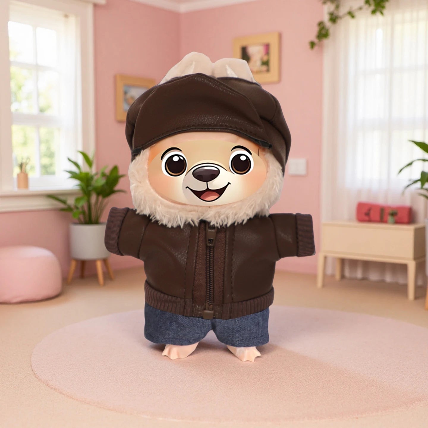 Para muñecas Labubu de 17cm, chaqueta de cuero negro + pantalones vaqueros + sombrero, traje, ropa Punk bonita para V1 V2 V3 Labubu, juguete de muñeca de algodón