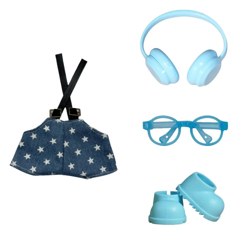 Accesorios de ropa para muñecas Labubu Mini de 17cm, bonitos pantalones con tirantes/auriculares/zapatos/gafas, vestido para muñecas, regalos para festivales, 4 unidades por juego