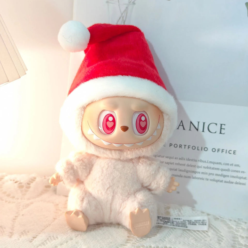 Ropa navideña para muñecas Labubu, conjunto de gorro y suéter para Mini Idol V1 V2 V3, traje de peluche cálido para vacaciones, regalo de Papá Noel para coleccionistas