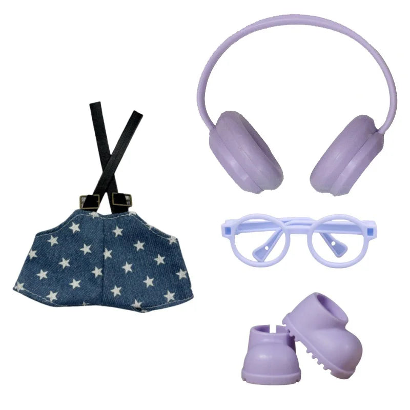 Accesorios de ropa para muñecas Labubu Mini de 17cm, bonitos pantalones con tirantes/auriculares/zapatos/gafas, vestido para muñecas, regalos para festivales, 4 unidades por juego