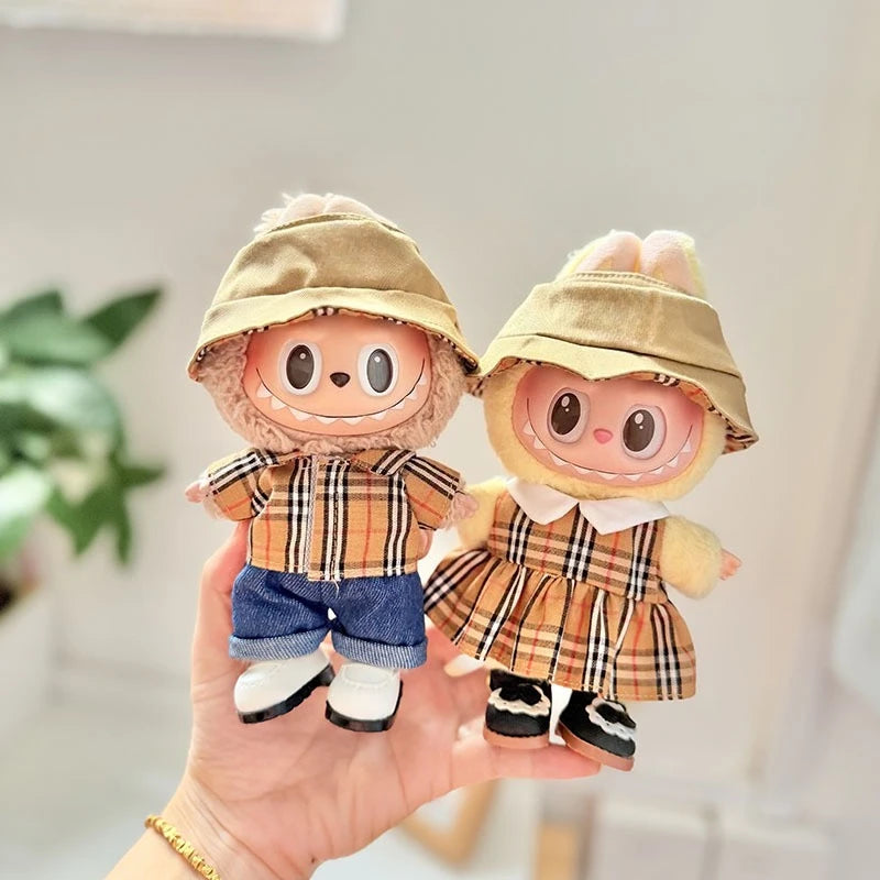Para muñeca Labubu de 15/17cm, ropa a cuadros marrón a la moda, falda, sombrero, pantalones, conjunto de ropa Labubu, muñecas 3,0, diseño, accesorios de juguete Diy
