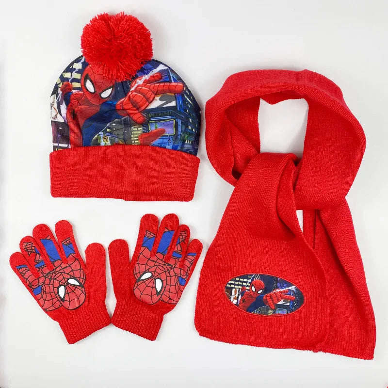 3 uds Anime nuevo Spiderman Otoño Invierno niños sombrero bufanda guantes dibujos animados cálido gorro de punto niño niña gorra 3-8Y regalos para niños