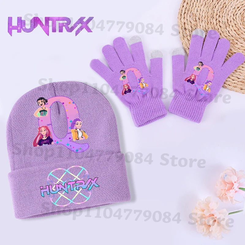 Guantes Kpop Demon Hunters, gorro tejido, traje para niñas, gorros tejidos con estampado de letras, conjunto de mitones, accesorios cálidos de invierno para niños, 2 uds.