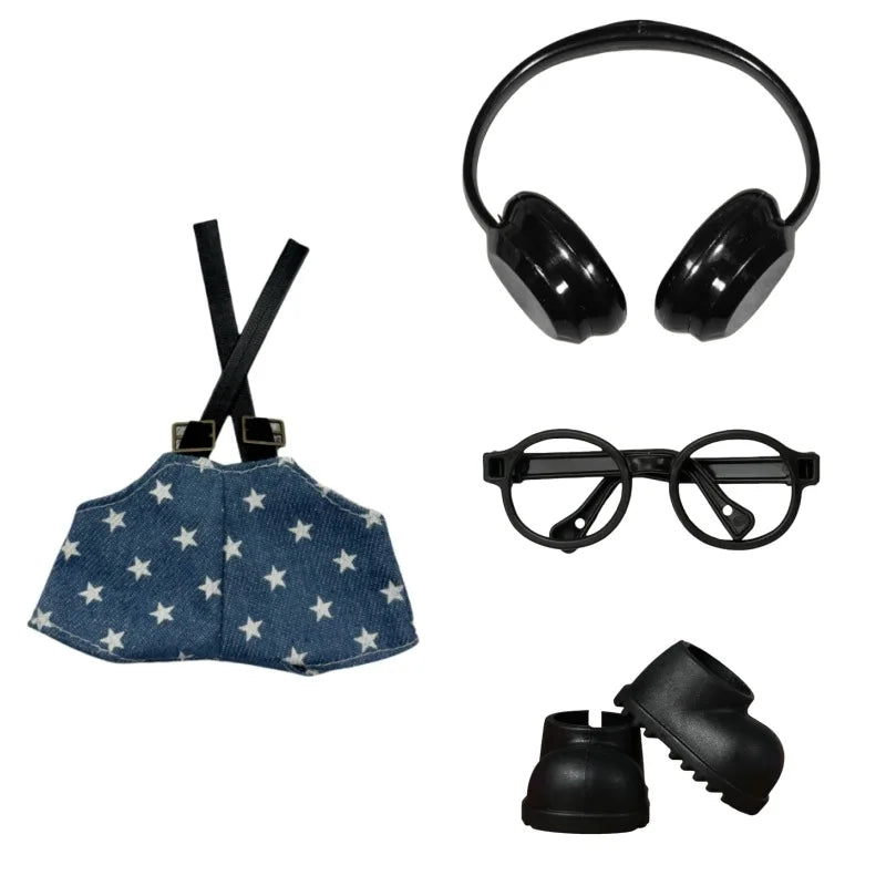 Accesorios de ropa para muñecas Labubu Mini de 17cm, bonitos pantalones con tirantes/auriculares/zapatos/gafas, vestido para muñecas, regalos para festivales, 4 unidades por juego