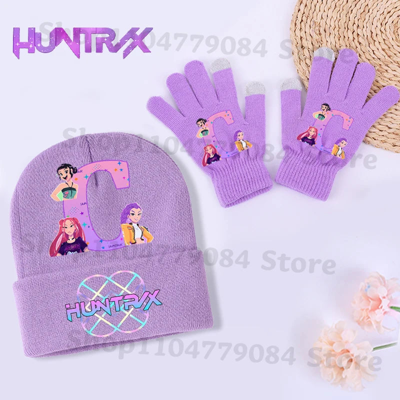 Guantes Kpop Demon Hunters, gorro tejido, traje para niñas, gorros tejidos con estampado de letras, conjunto de mitones, accesorios cálidos de invierno para niños, 2 uds.