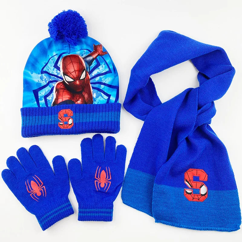 3 uds Anime nuevo Spiderman Otoño Invierno niños sombrero bufanda guantes dibujos animados cálido gorro de punto niño niña gorra 3-8Y regalos para niños