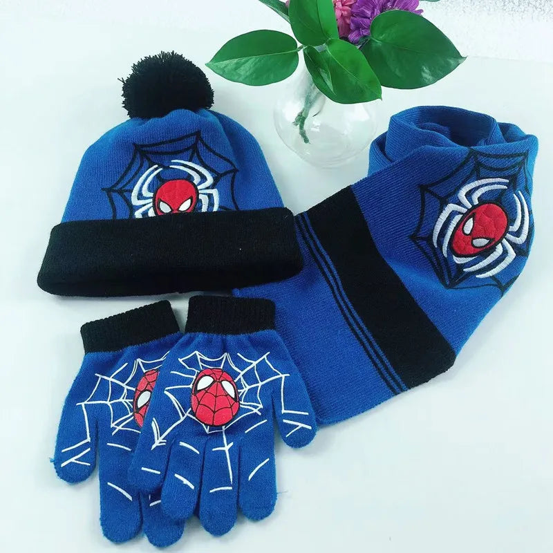 3 uds Anime nuevo Spiderman Otoño Invierno niños sombrero bufanda guantes dibujos animados cálido gorro de punto niño niña gorra 3-8Y regalos para niños