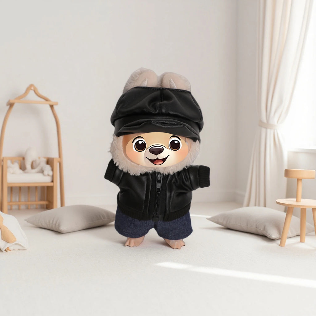 Para muñecas Labubu de 17cm, chaqueta de cuero negro + pantalones vaqueros + sombrero, traje, ropa Punk bonita para V1 V2 V3 Labubu, juguete de muñeca de algodón