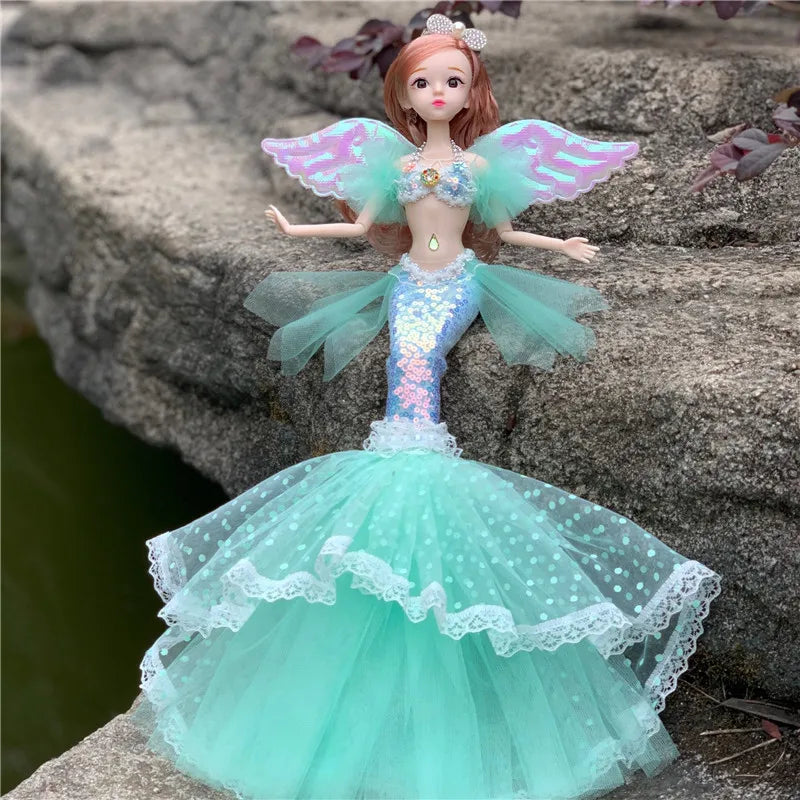 Muñeca de princesa sirena exquisita de 45cm, muñeca BJD de sirena a la moda con ropa de arcoíris, juguetes de regalo de cumpleaños y Navidad para niñas