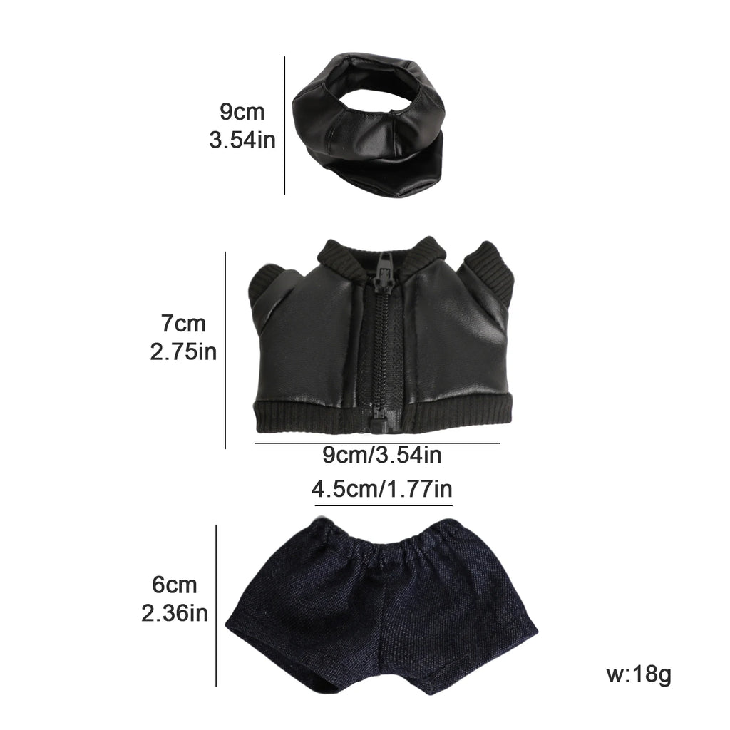 Para muñecas Labubu de 17cm, chaqueta de cuero negro + pantalones vaqueros + sombrero, traje, ropa Punk bonita para V1 V2 V3 Labubu, juguete de muñeca de algodón