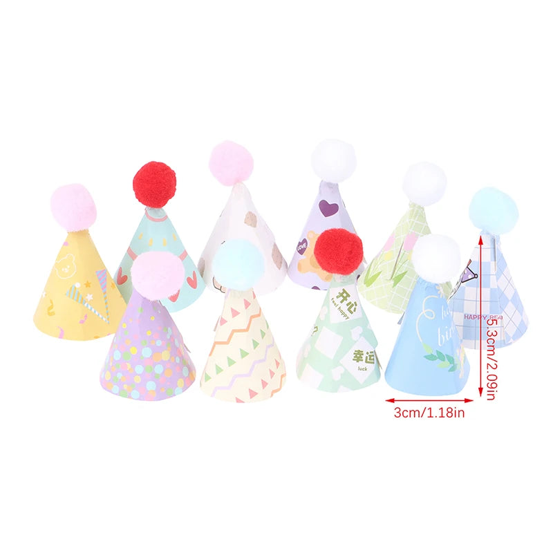 Sombrero de cumpleaños de casa de muñecas de 10 piezas, sombrero de Papá Noel y pastel de cumpleaños, inserto para hornear, Mini sombreros de casa de muñecas, adornos de pastel de feliz cumpleaños