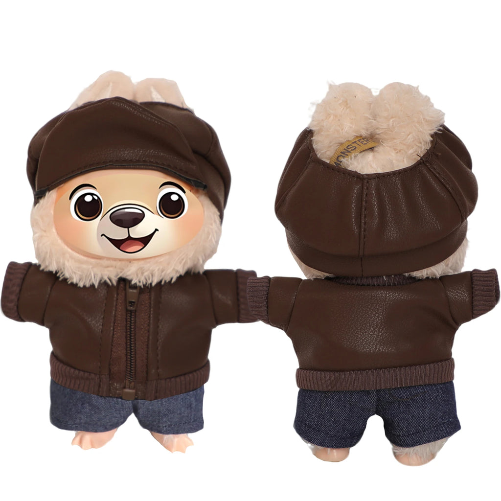 Para muñecas Labubu de 17cm, chaqueta de cuero negro + pantalones vaqueros + sombrero, traje, ropa Punk bonita para V1 V2 V3 Labubu, juguete de muñeca de algodón