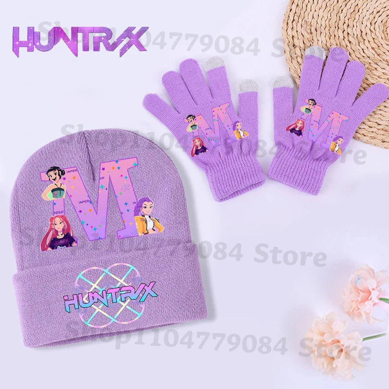 Guantes Kpop Demon Hunters, gorro tejido, traje para niñas, gorros tejidos con estampado de letras, conjunto de mitones, accesorios cálidos de invierno para niños, 2 uds.