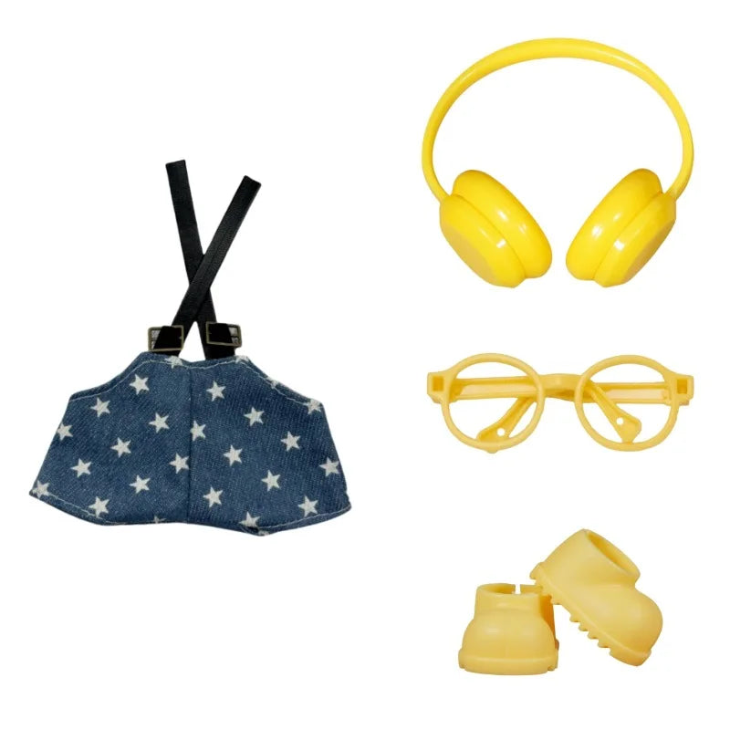Accesorios de ropa para muñecas Labubu Mini de 17cm, bonitos pantalones con tirantes/auriculares/zapatos/gafas, vestido para muñecas, regalos para festivales, 4 unidades por juego
