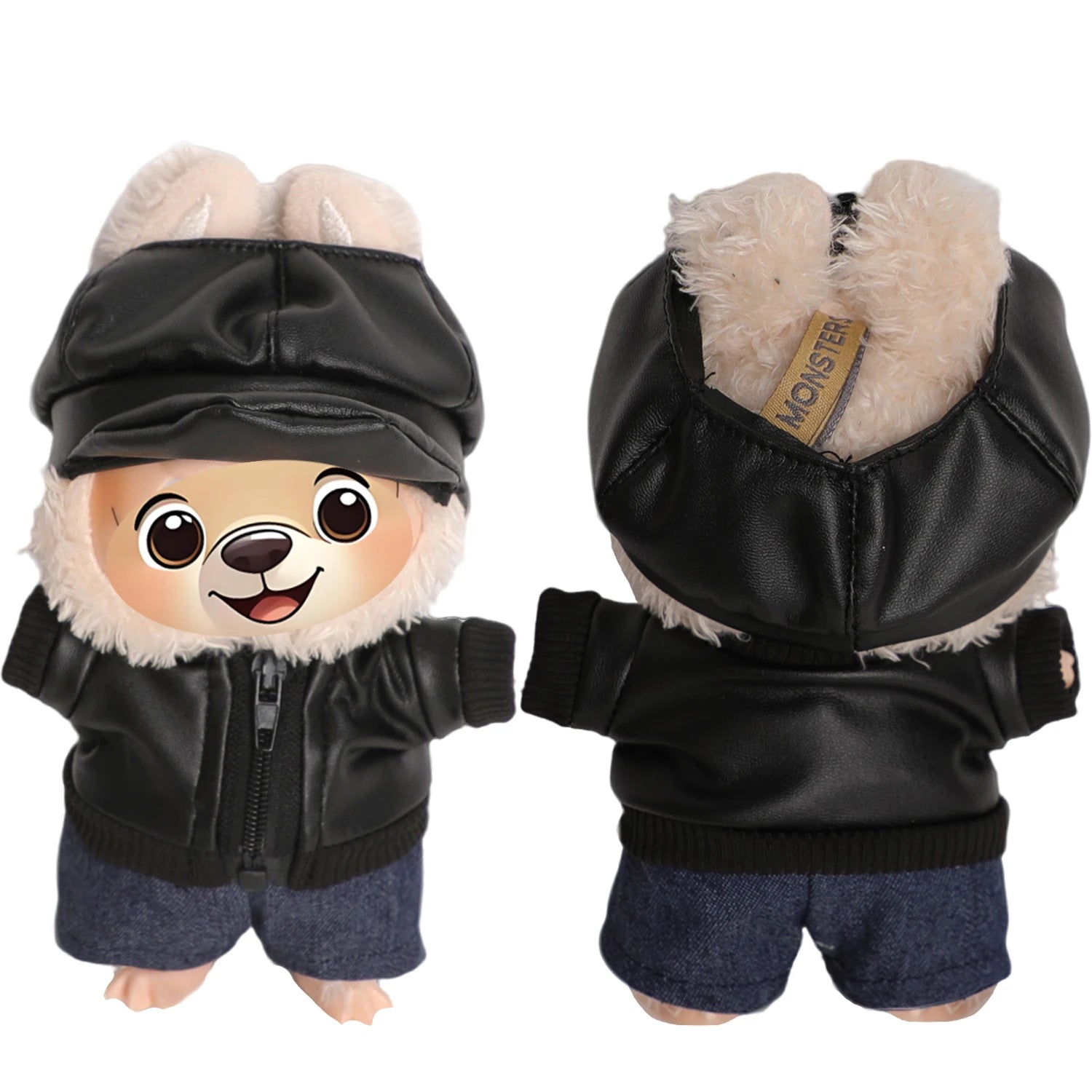 Para muñecas Labubu de 17cm, chaqueta de cuero negro + pantalones vaqueros + sombrero, traje, ropa Punk bonita para V1 V2 V3 Labubu, juguete de muñeca de algodón