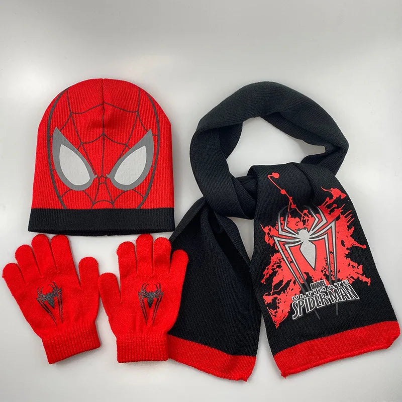 3 uds Anime nuevo Spiderman Otoño Invierno niños sombrero bufanda guantes dibujos animados cálido gorro de punto niño niña gorra 3-8Y regalos para niños