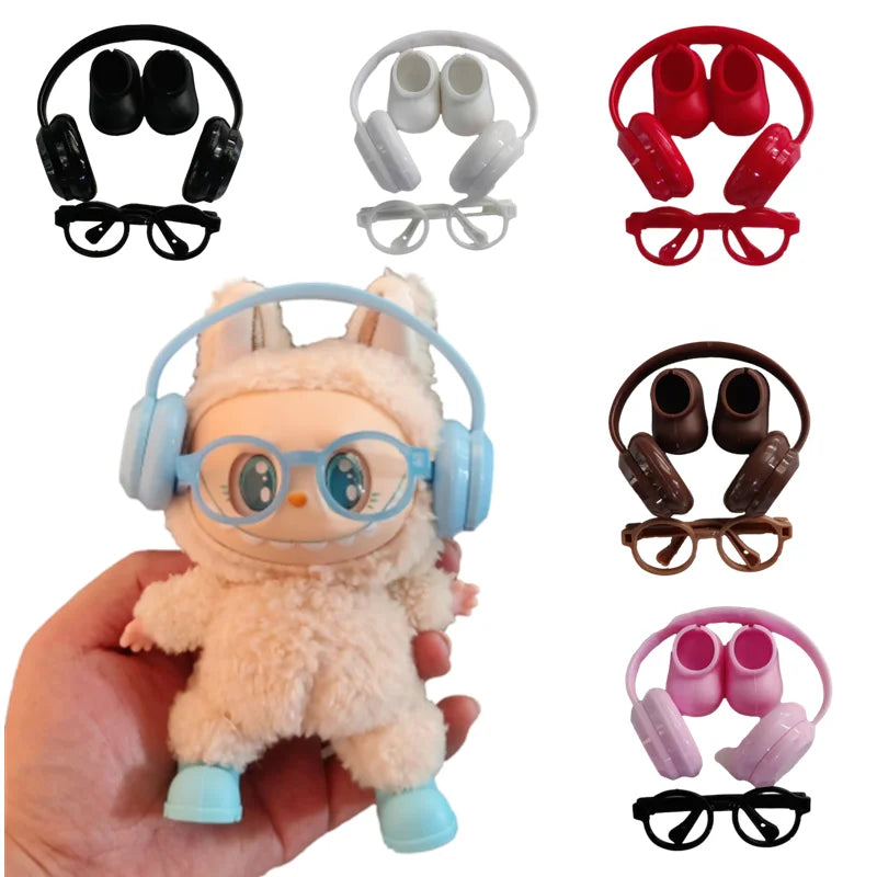 Accesorios DIY para zapatos labubu V1 V2 sin lentes, gafas, elegante juego de auriculares de plástico, decoración de muñecos de peluche, regalo de cumpleaños