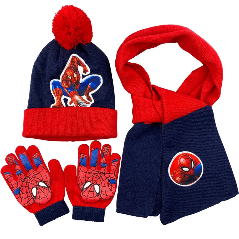 3 uds Anime nuevo Spiderman Otoño Invierno niños sombrero bufanda guantes dibujos animados cálido gorro de punto niño niña gorra 3-8Y regalos para niños