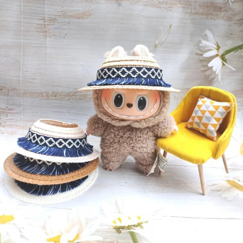 Mini muñeca con tapa abierta, sombrero de paja para muñeca Labubu de 17cm, sombreros, muñecas lindas Kawaii, accesorios de ropa, juguete de regalo